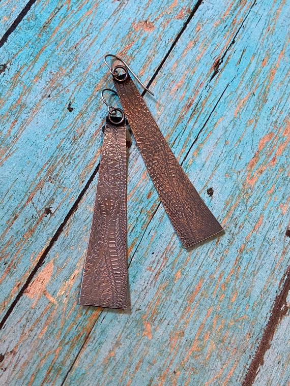 Long Rustic Textured Copper Earrings