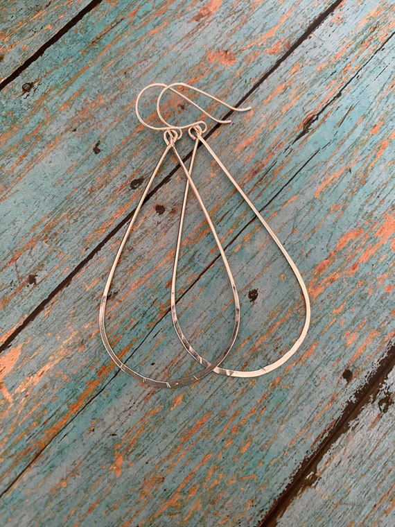 Lightweight Long Thin Minimalistic Teardrop Sterling Silver Hoop Earrings