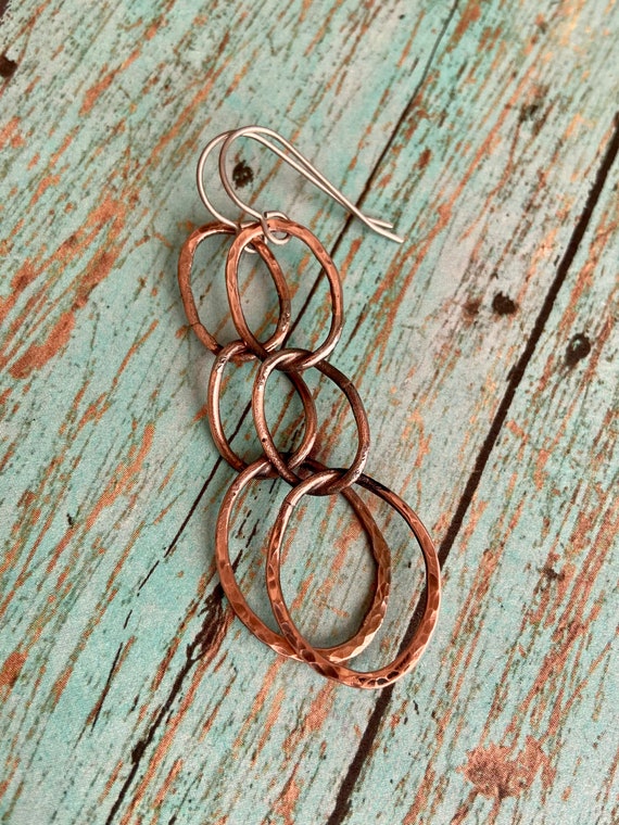 Long Rustic Hammered Copper Dangle Earrings