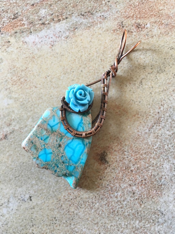 OOAK Antiqued Bare Copper Wire Wrapped Pendant with Freeform Turquoise Blue Imperial Jasper