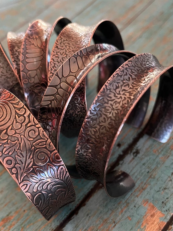 Concave Solid Copper Embossed Cuff Bracelet
