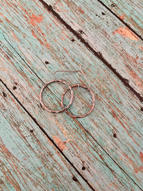 Lightweight Hammered Small Round Copper Hoop Earrings