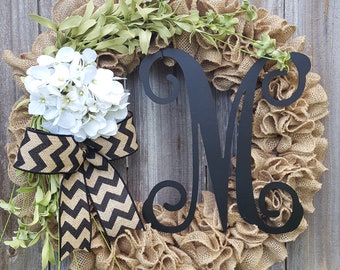 Monogram Wreath, Fall Wreath, Burlap Monogram Wreath, Initial Wreath, Hydrangea Wreath, Door Wreath, Year Round Wreath, Burlap Wreath