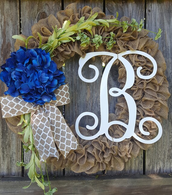 Front Door Wreath Burlap Monogram Wreath Initial Wreath Hydrangea Wreath Door Wreath Year Round Wreath Burlap Wreath Wreath For Door