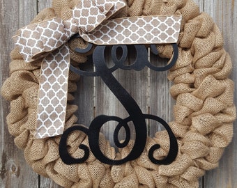 Wreath for Front Door, Burlap Wreath with Monogram , Door Hanger, Farmhouse Decor Front Porch Housewarming Gift, Everyday Wreath