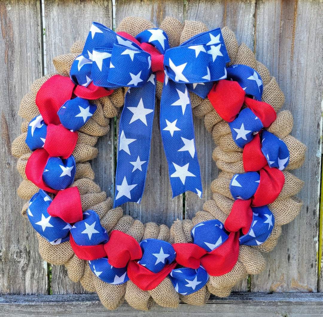Burlap Patriotic Wreath, Patriotic Wreath for Front Door, Fourth of ...