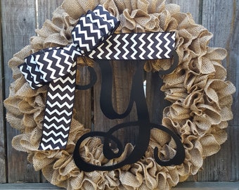 Front Door Monogram Burlap Wreath, Chevron Wreath, Door Wreath, Monogram Wreath, Everyday Wreath, Initial Wreath, Letter Wreath, Wreath