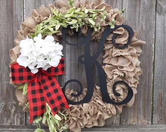 Buffalo Plaid Farmhouse Wreath, Buffalo Check Wreath, Initial Wreath, Everyday Wreath, Door Wreath, Christmas Burlap Wreath, Rustic Wreath