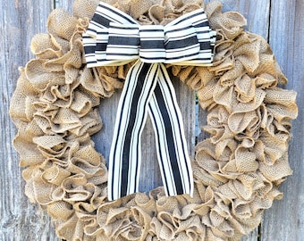 Ruffled Burlap Wreath with Black and Ivory Striped Bow, Farmhouse Decor, Front Door Wreath