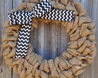 Burlap Door Wreath, Black Burlap Wreath, Front Door Wreath, Year Round Wreath,  Black and White Wreath, Burlap Door Decor, Chevron Wreath