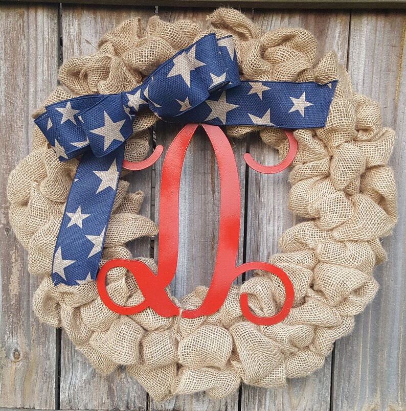 Monogram Wreath Summer Wreath Fourth of July Burlap Wreath 4th of July Wreath Burlap Monogram Wreath Patriotic Wreath Door Wreath