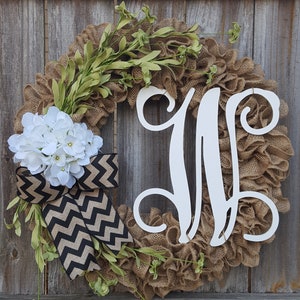 Monogram Front Door Wreath, Burlap Initial Wreath, Personalized Door Hanger, Door Wreath, Year Round Front Porch Farmhouse Custom Wreath image 1