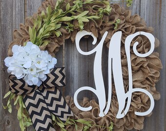 Monogram Front Door Wreath, Burlap Initial Wreath, Personalized Door Hanger, Door Wreath, Year Round Front Porch Farmhouse Custom Wreath