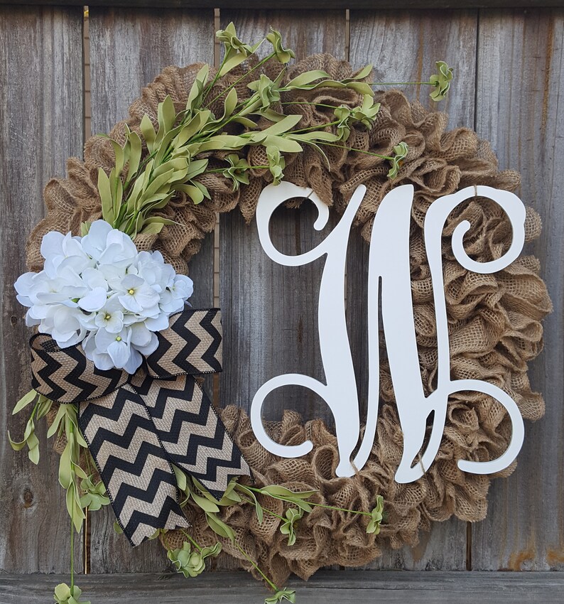 Monogram Front Door Wreath, Burlap Initial Wreath, Personalized Door Hanger, Door Wreath, Year Round Front Porch Farmhouse Custom Wreath image 1