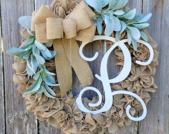 Monogram Burlap Wreath for Front Door, Lambs Ear Burlap Wreath with Initial, Rustic Farmhouse Decor, Burlap Everyday Wreath, Door Hanger