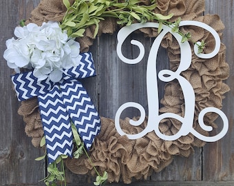 Front Door Monogram Wreath, Fall Wreath, Burlap Door Hanger, Initial Wreath, Hydrangea Floral Wreath Door Decor, Year Round Wreath