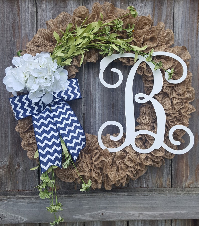 Front Door Monogram Wreath, Fall Wreath, Burlap Door Hanger, Initial Wreath, Hydrangea Floral Wreath Door Decor, Year Round Wreath image 1