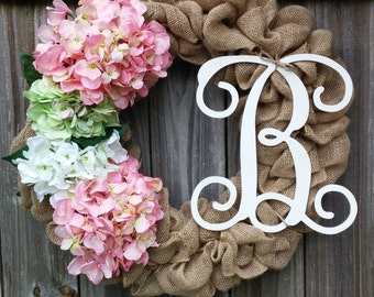 Burlap Front Door Wreath, Monogram Wreath for Front Door, Summer Wreath, Farmhouse Wreath, Wreath with Initial, Burlap Wreath, Spring Wreath