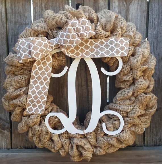 Front Door Monogram Wreath Burlap Initial Wreath Monogram Etsy
