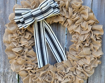 Ruffled Burlap Wreath with Black and Ivory Striped Bow, Farmhouse Decor
