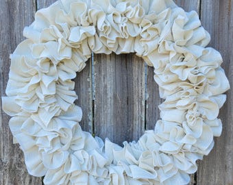 Off-White Burlap Wreath, Farmhouse Decor, Rustic Door Wreath