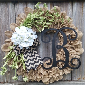 Monogram Wreath, Fall Wreath, Burlap Monogram Wreath, Initial Wreath, Hydrangea Wreath, Door Wreath, Year Round Wreath, Burlap Wreath image 3