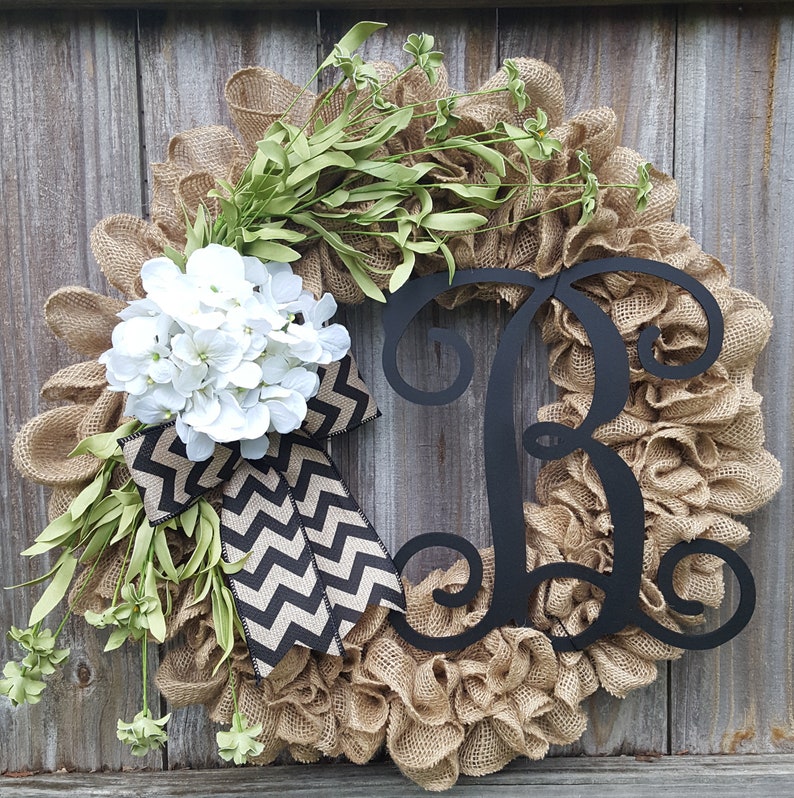 Monogram Wreath, Fall Wreath, Burlap Monogram Wreath, Initial Wreath, Hydrangea Wreath, Door Wreath, Year Round Wreath, Burlap Wreath image 3