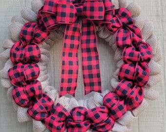 Buffalo Plaid Burlap Farmhouse Wreath: Red and Black Check Decor
