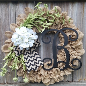 Monogram Wreath, Fall Wreath, Burlap Monogram Wreath, Initial Wreath, Hydrangea Wreath, Door Wreath, Year Round Wreath, Burlap Wreath image 1