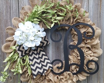 Monogram Wreath, Fall Wreath, Burlap Monogram Wreath, Initial Wreath, Hydrangea Wreath, Door Wreath, Year Round Wreath, Burlap Wreath