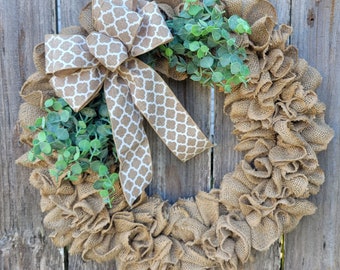 Burlap Front Door Wreath with Eucalyptus, Front Porch Decor, Rustic Farmhouse Decor, Door Wreath, Burlap Everyday Wreath, Housewarming Gift