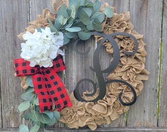 Monogram Wreath, Eucalyptus Wreath, Burlap Monogram Wreath, Initial Wreath, Hydrangea Wreath, Door Wreath, Year Round Wreath, Burlap Wreath