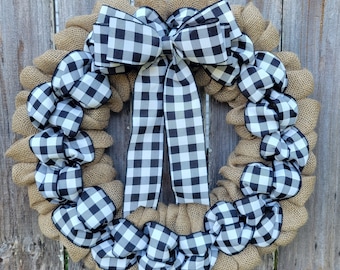 Burlap Wreath for Front Door, Buffalo Plaid Black and White Wreath