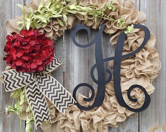 Wreath for Front Door Year Round, Burlap Wreath with Initial, Christmas Wreath, Everyday Wreath, Farmhouse Wreath, Monogram Wreath, Wreath