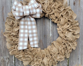 Farmhouse Burlap Wreath, Plaid Bow, Front Door Decor
