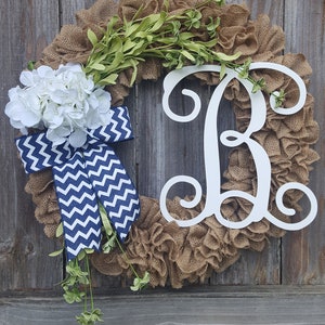 Front Door Monogram Wreath, Fall Wreath, Burlap Door Hanger, Initial Wreath, Hydrangea Floral Wreath Door Decor, Year Round Wreath image 3