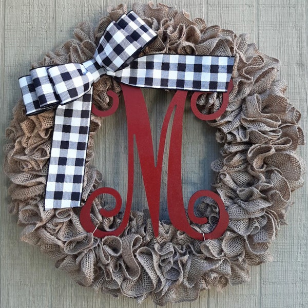 Monogram Wreath, Crimson Wreath, Front Door Wreath, Buffalo Plaid Wreath, Burlap Wreath, Wreath with Initial, Alabama Wreath