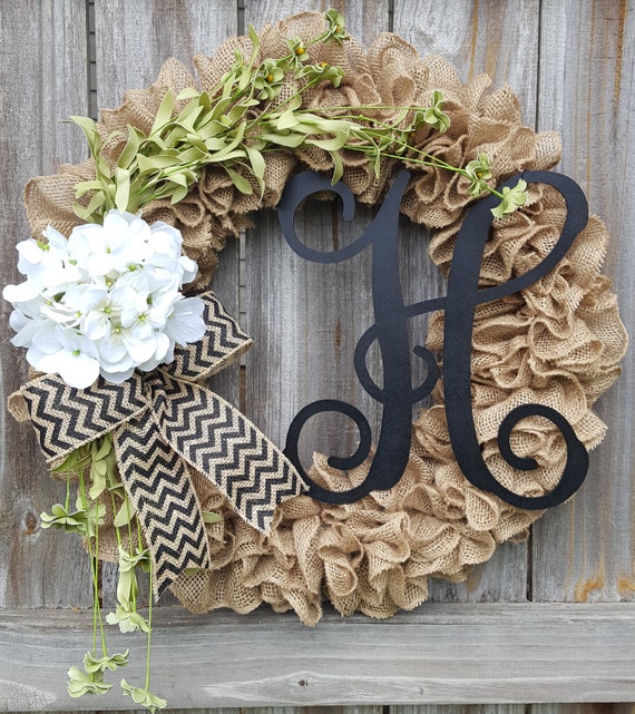 Burlap Monogram Wreath Fall Wreath Hydrangea Wreath Personalized Wreath Front Door Wreath Fall Door Wreath Monogram Wreath Chevron