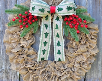 Burlap Christmas Wreath, Greenery and Berries, Farmhouse Decor