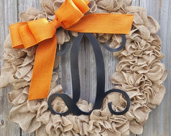 Fall Wreath for Front Door, Autumn Wreath, Orange and Black Decor, Monogram Fall Burlap Wreath, Initial Wreath, Front Porch Door Hanger