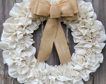 Off-White Burlap Wreath: Farmhouse Front Door Decor with Bow, Door Sign