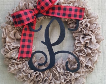 Buffalo Plaid Wreath with Initial, Front Door Wreath, Burlap Door Hanger, Red and Black Wreath, Front Porch Wreath, Monogram Wreath