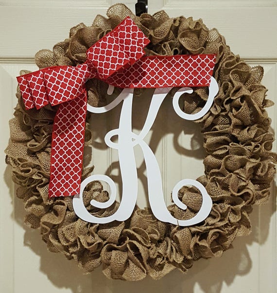 Monogram Door Wreath Red Wreath Red Burlap Wreath Front Etsy