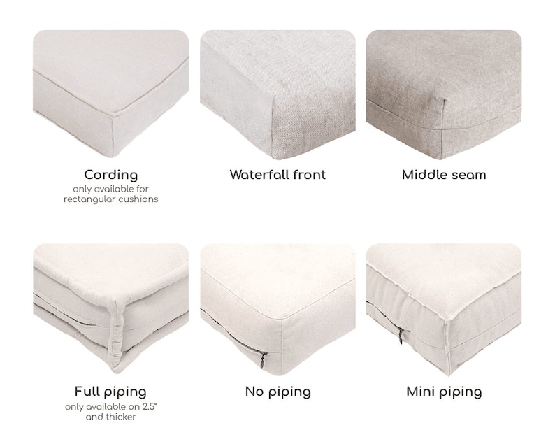 May include: A grid of six beige fabric cushion edge styles labeled Cording only available for rectangular cushions, Waterfall front, Middle seam, Full piping only available on 2.5 inches and thicker, No piping, and Mini piping with visible zippers.