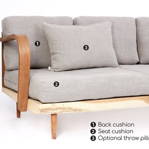 May include: A light gray sofa featuring a natural wood frame with curved armrests and tapered legs. The sofa includes back cushions, seat cushions, and optional throw pillows, labeled with numbers one, two, and three respectively for identification.