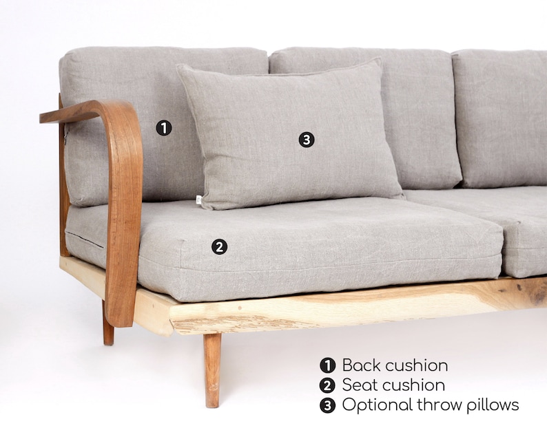 May include: A light gray sofa featuring a natural wood frame with curved armrests and tapered legs. The sofa includes back cushions, seat cushions, and optional throw pillows, labeled with numbers one, two, and three respectively for identification.