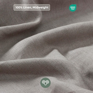 Puede incluir: Primer plano de una tela de lino gris claro y de peso medio. La tela es 100% lino y tiene un aspecto texturizado. La imagen incluye el texto "100% Linen, Midweight" y un logotipo Oeko-Tex.