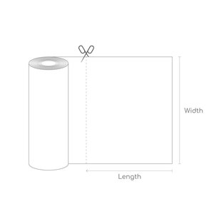 May include: A roll of white paper with a pair of scissors cutting the end. The paper is labeled with the words "Length" and "Width" to indicate the dimensions.