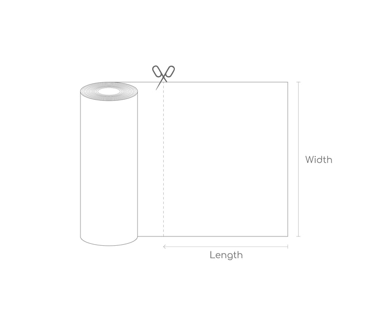 May include: A roll of white paper with a pair of scissors cutting the end. The paper is labeled with the words "Length" and "Width" to indicate the dimensions.