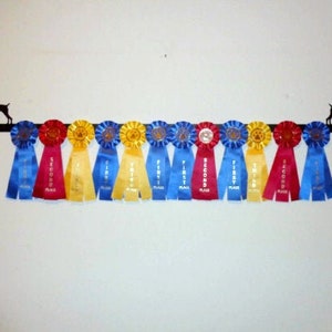 May include: A black metal ribbon rack with two dog silhouettes on the ends. The rack is holding a variety of blue, yellow, and red ribbons with text that says "First Place", "Second Place", and "Third Place".